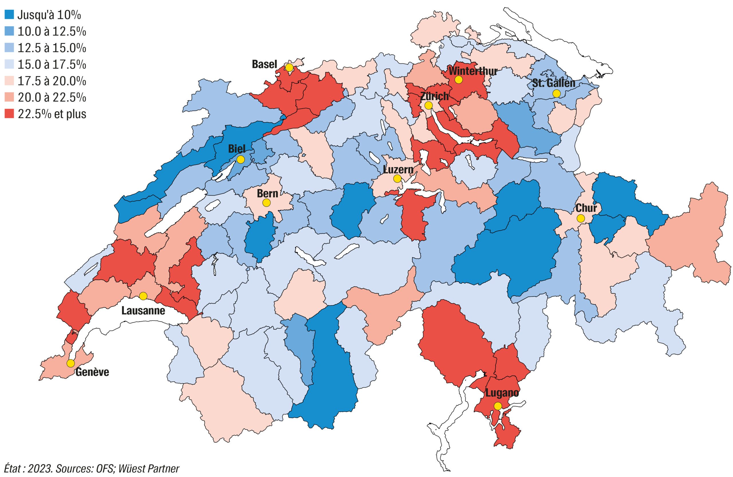 Carte de la Suisse sur la durabilité sociale : représentation de la part des ménages dont la charge des coûts de logement représente plus d'un tiers du revenu brut du ménage.