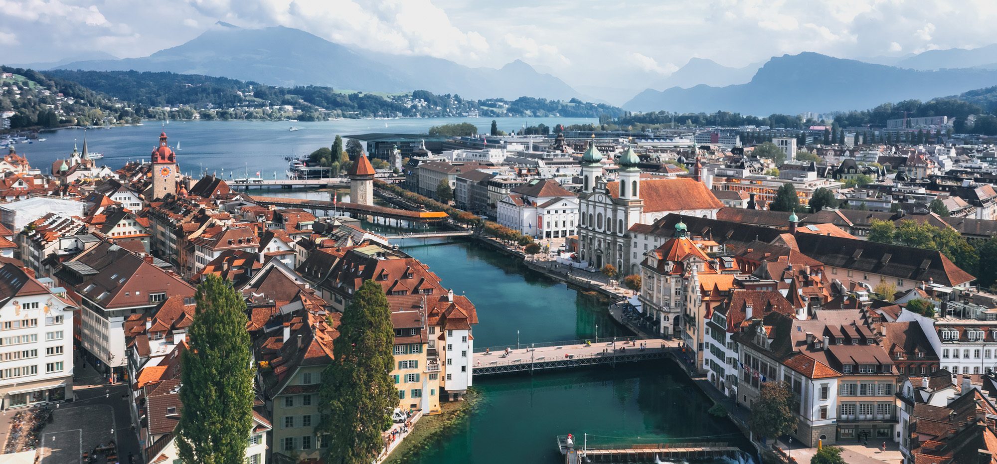 Aerial view of lucerne with the Kappeli-bridge in focus